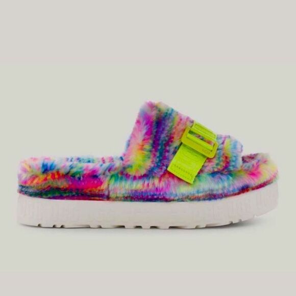 UGG Slippers NEW Fluffita Fur Platform Rainbow Pixelate Flatform Multicolor 6 - Picture 4 of 8